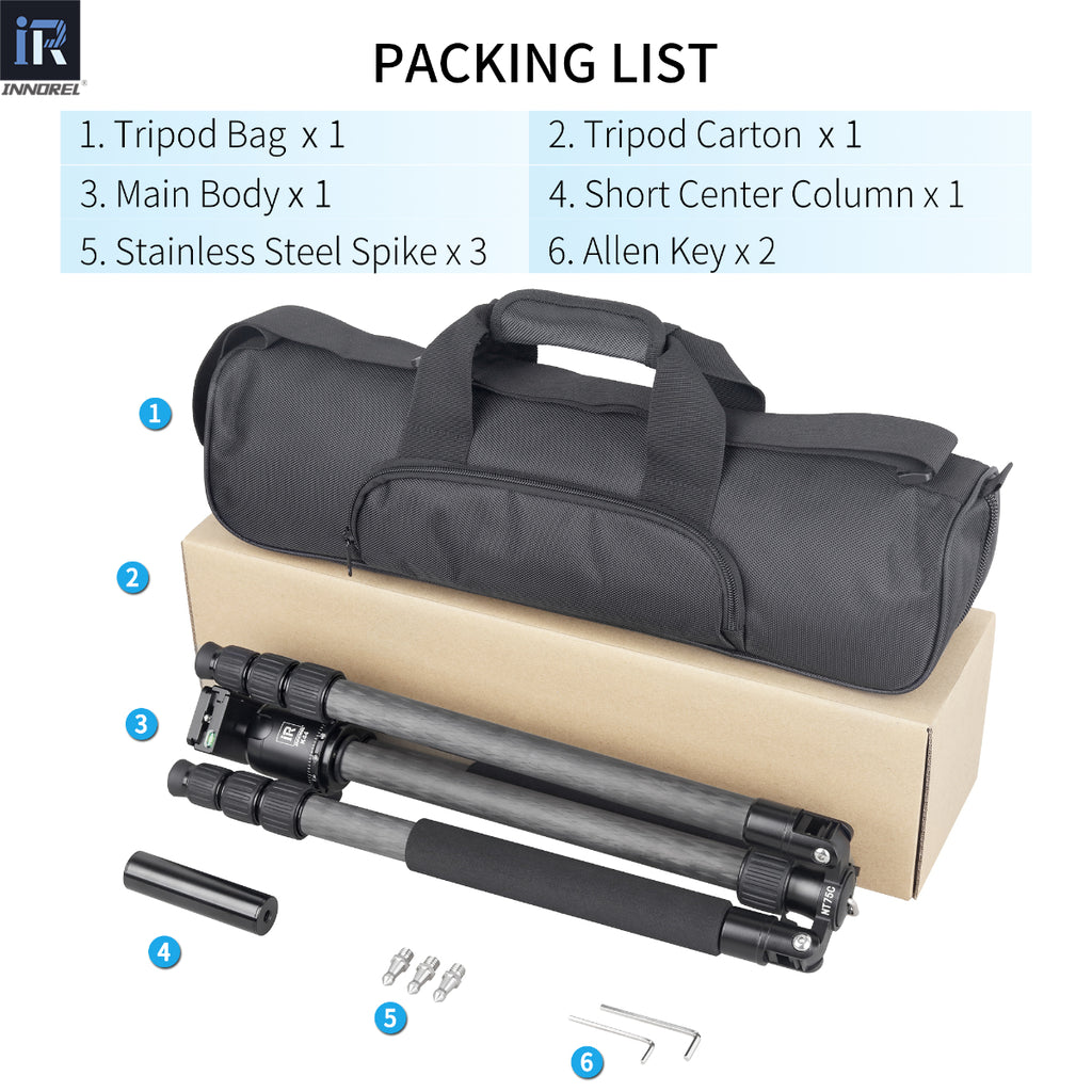 INNOREL NT75C K44 package contents tripod and ballhead tripod bag tripod carton short center column 3 stainless steel spike 2 allen key