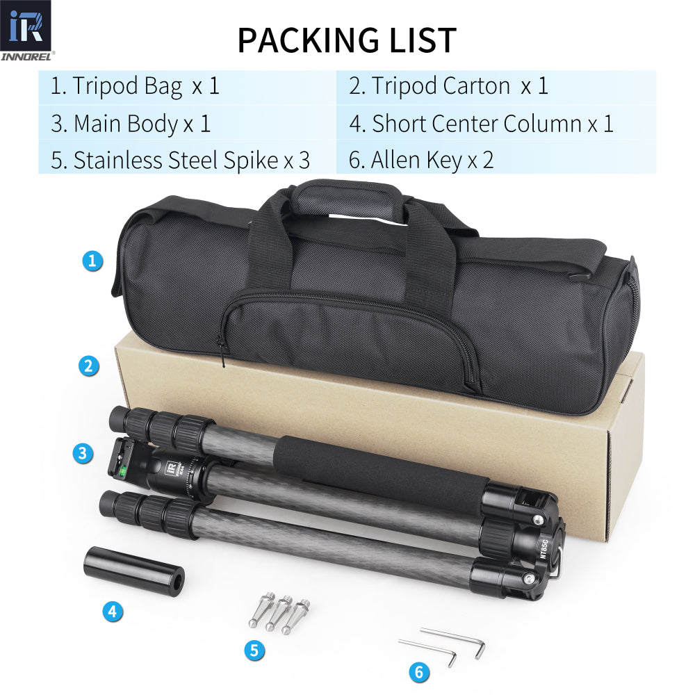 INNOREL NT85C K44 package contents tripod and ballhead tripod bag tripod carton short center column stainless steel spike allen key

