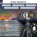 NT85C lightweight portable 2-in-1 tripod with K44 ballhead specifications including tripod with 186.5cm max height monopod with 195.5cm max height 20kg max load 