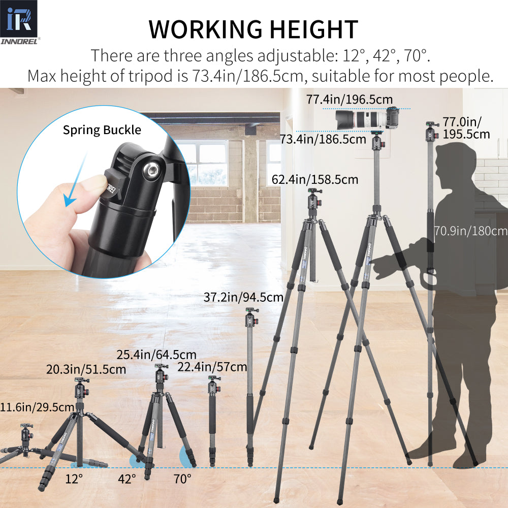 NT85C tripod and K44 ballhead with spring buckle three angles adjustable 12°/ 42°/ 70° extends from 29.5cm to 158.5cm and full 186.5cm height with center column