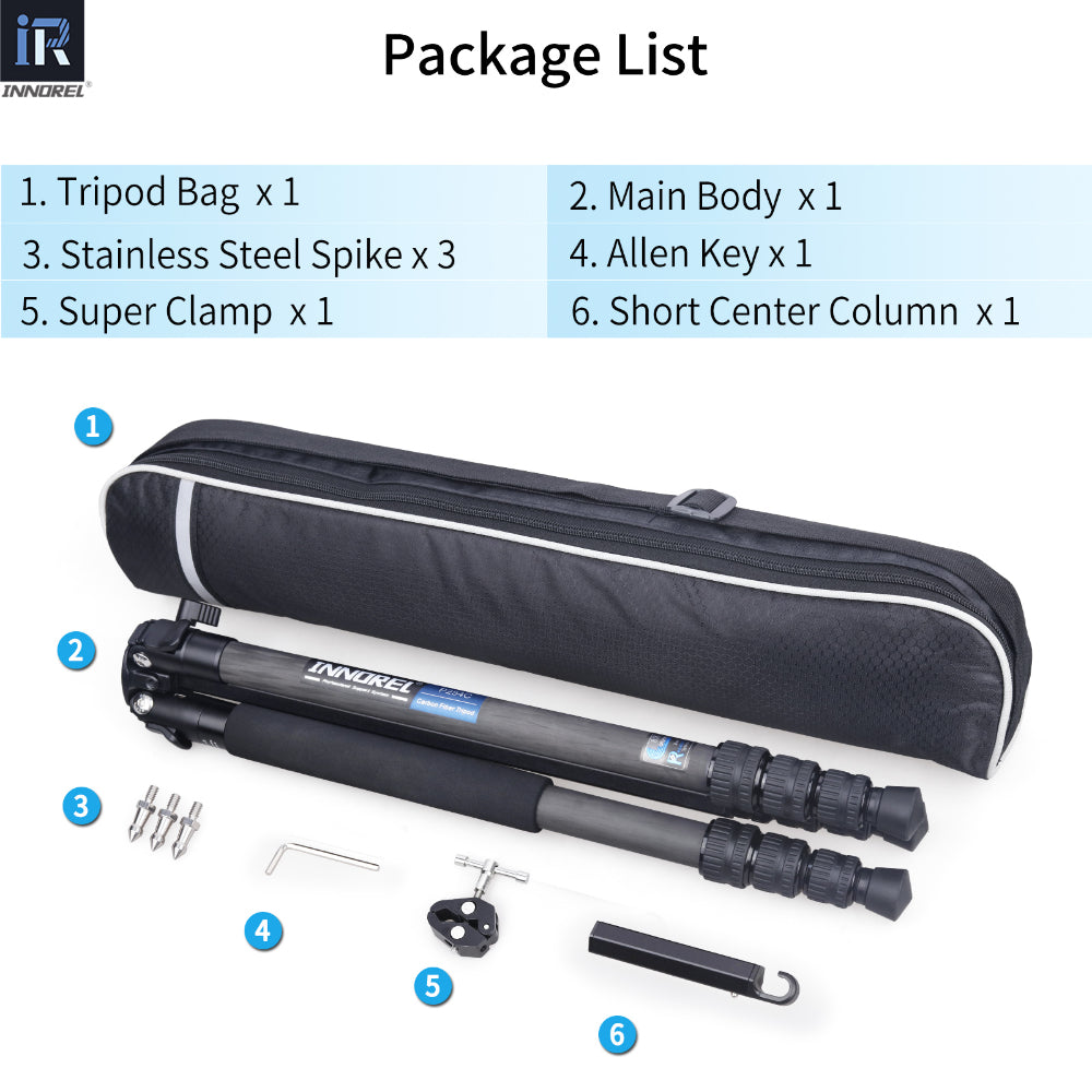 INNOREL P254C tripod package contents tripod quick release plate tripod bag allen key super clamp short center column