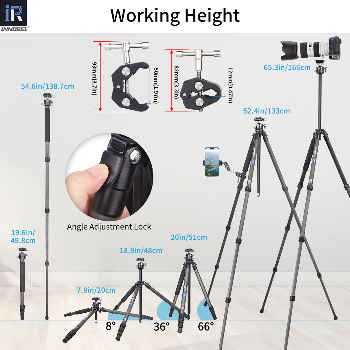 P254C lightweight tripod extends from compact 20cm to full 166cm working height with center column