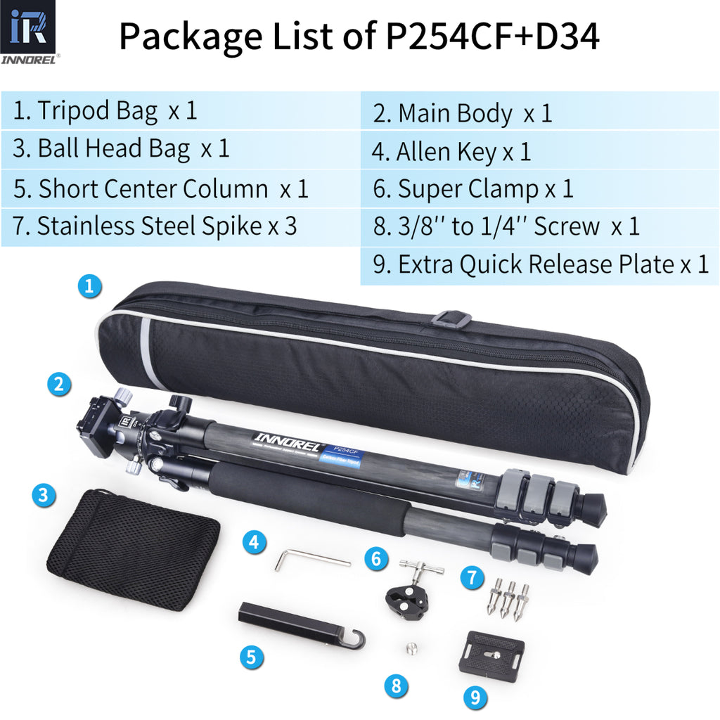 INNOREL P254CF tripod package contents tripod D34 ballhead quick release plate tripod bag allen key super clamp