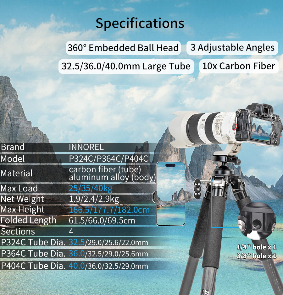 INNOREL P324C/P364C/P404C Carbon Fiber Shooting Tripod