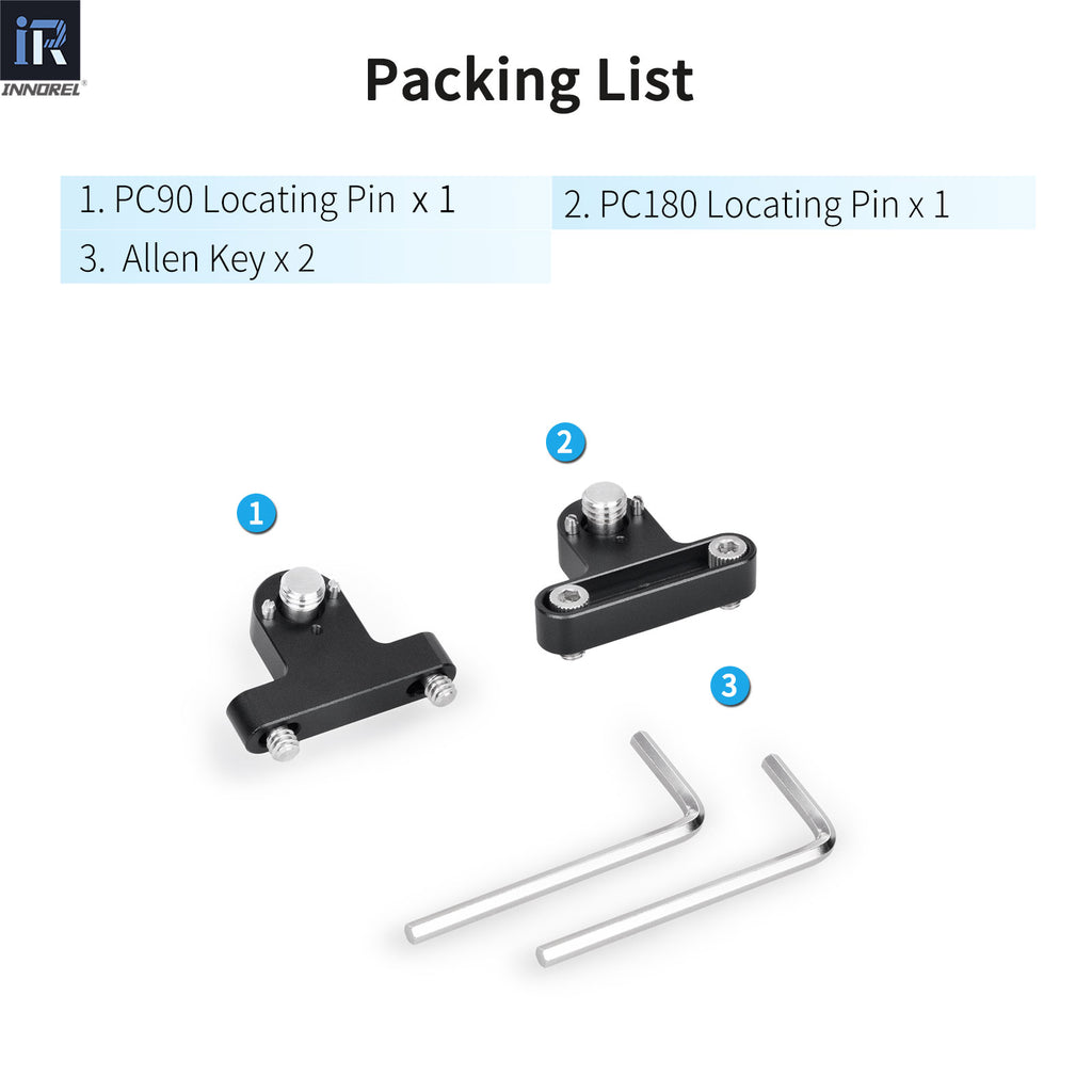 CP90 and CP180 packing list  including PC90 and PC180 black metal locating pins and two silver Allen keys on a white background.