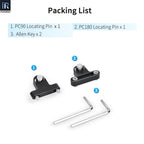 CP90 and CP180 packing list  including PC90 and PC180 black metal locating pins and two silver Allen keys on a white background.