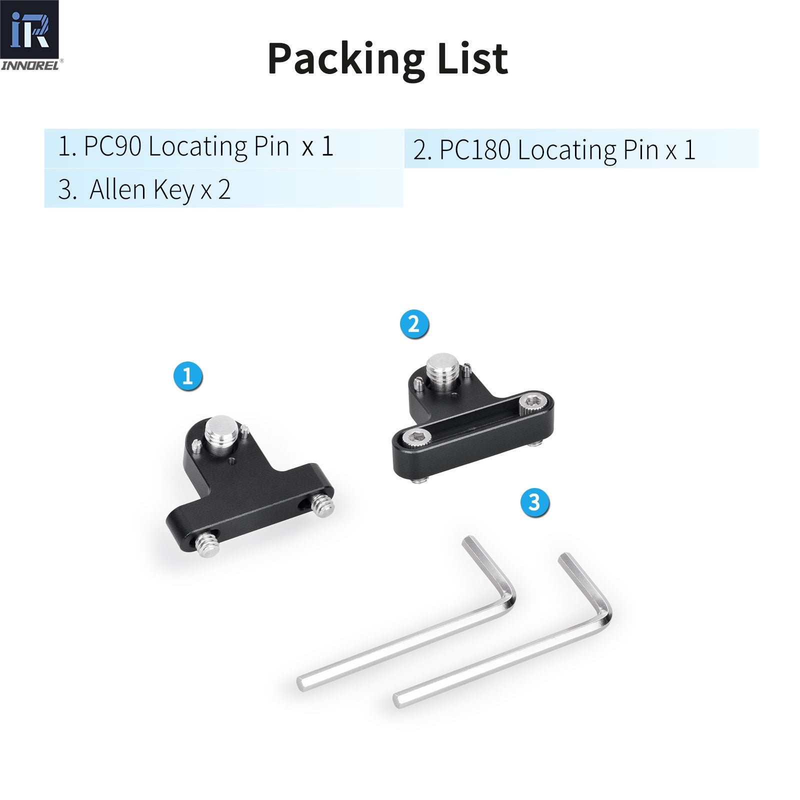 CP90 and CP180 packing list  including PC90 and PC180 black metal locating pins and two silver Allen keys on a white background.