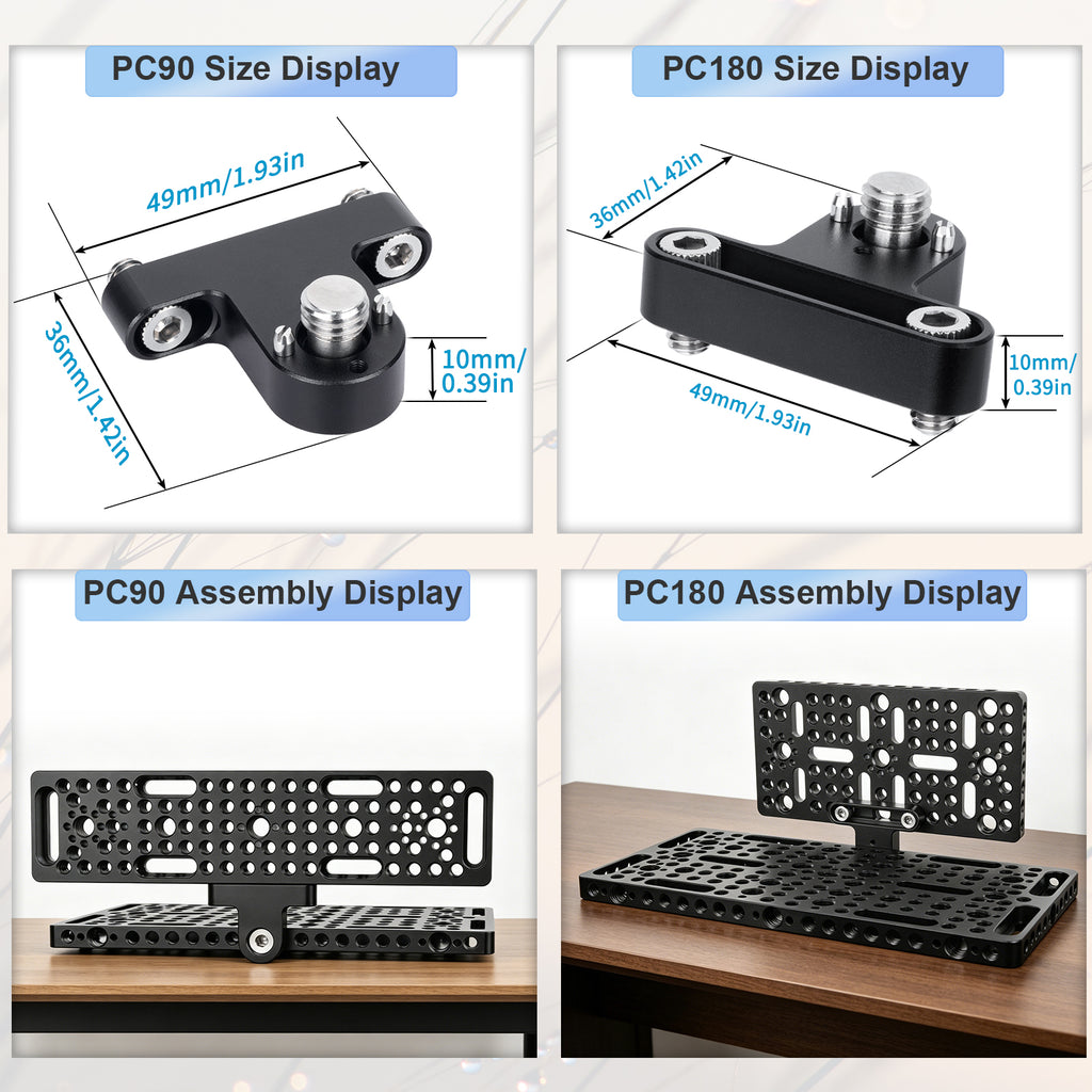 PC90 size 49mm 36mm 1.93in 1.42in, PC180 size 36mm 10mm 1.42in 0.39in, PC90 and PC180 assembly display, INNOREL quick shoe mounting plate dimensions, ARRI standard locating pin compatible accessory.
