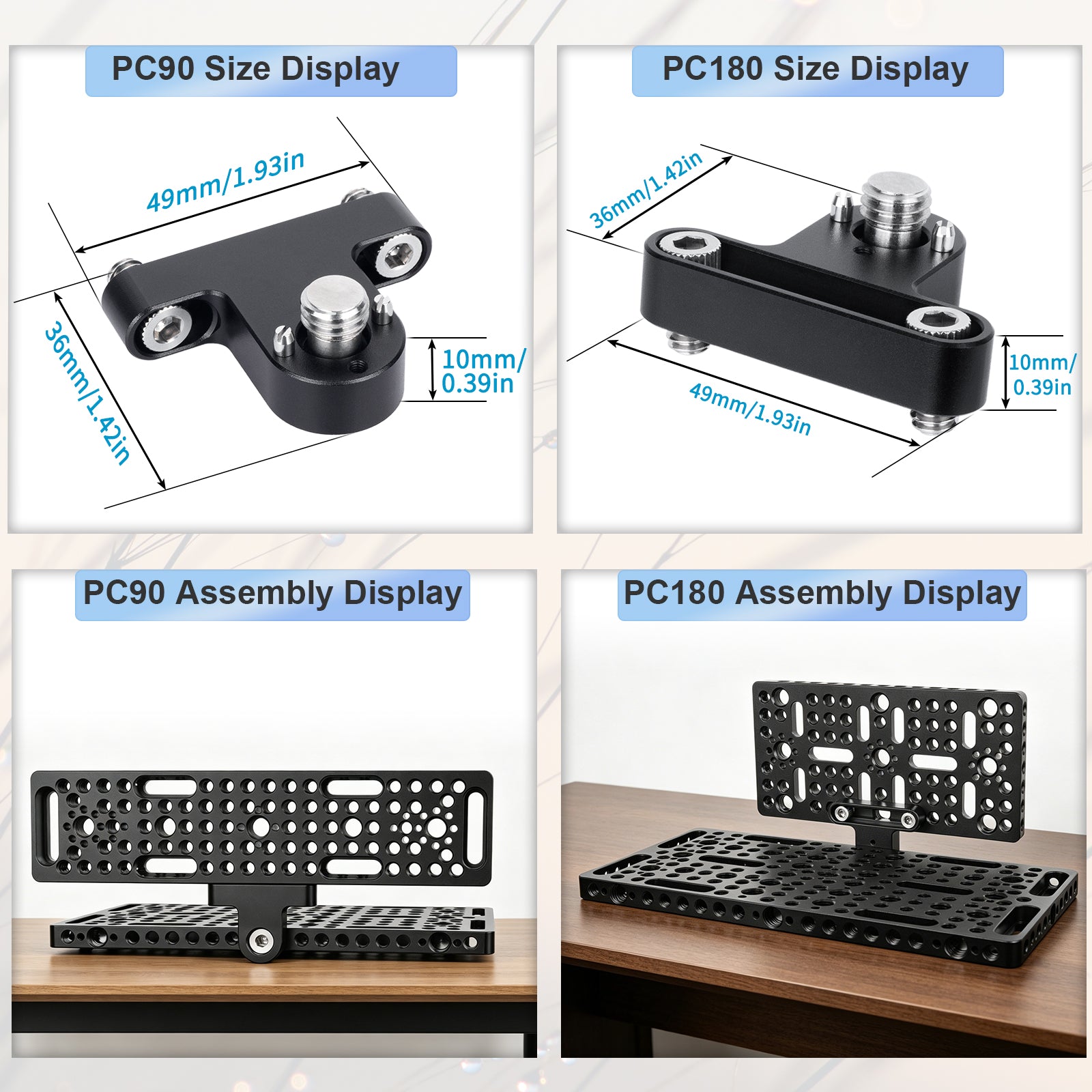 PC90 size 49mm 36mm 1.93in 1.42in, PC180 size 36mm 10mm 1.42in 0.39in, PC90 and PC180 assembly display, INNOREL quick shoe mounting plate dimensions, ARRI standard locating pin compatible accessory.