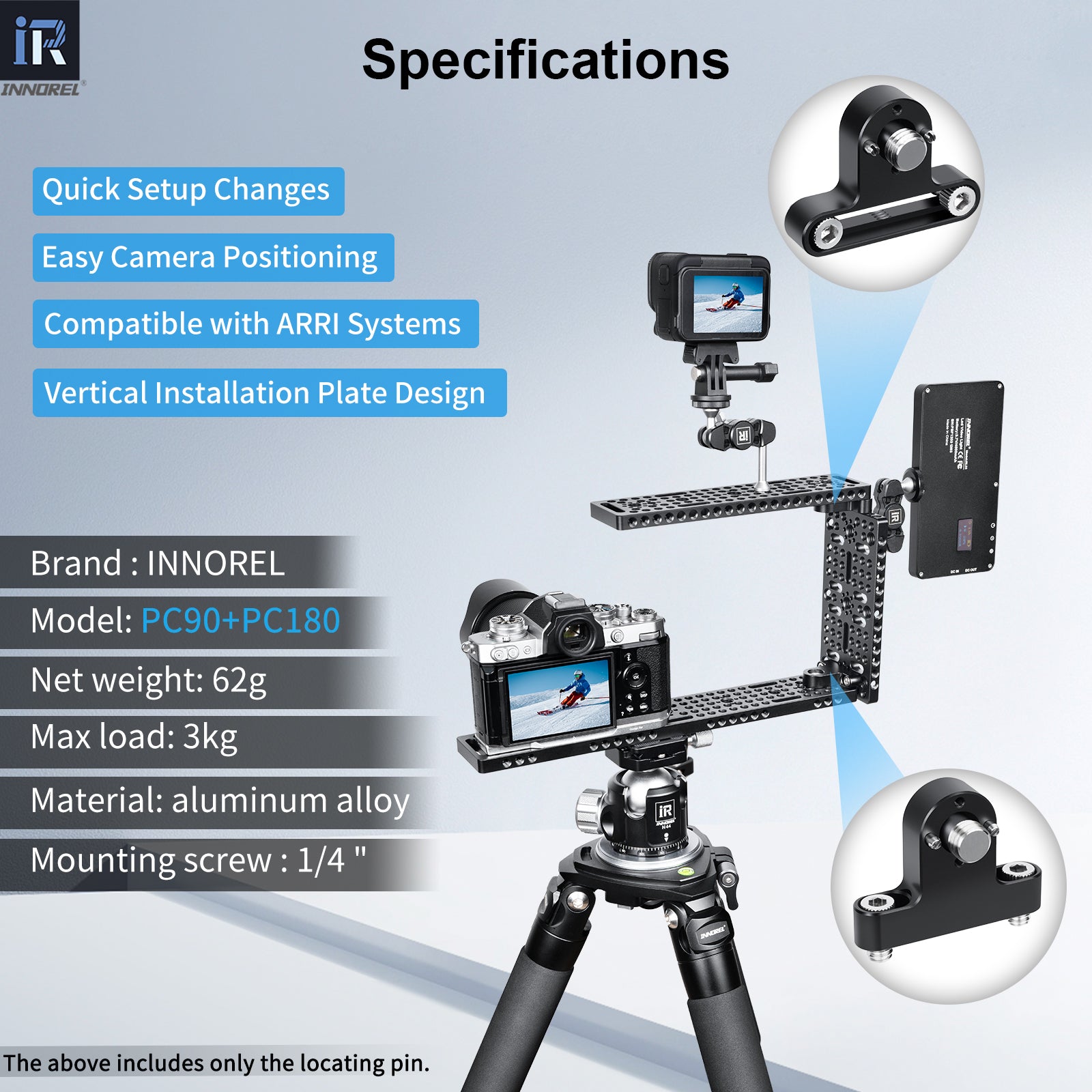 INNOREL PC90 PC180 quick release plate, 1/4 inch mounting screw, 3kg payload capacity, ARRI locating pin compatible, aluminum alloy camera accessory 62g.