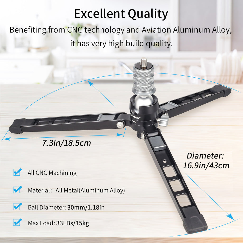 INNOREL PW70 Mini Tabletop Tripod Stand Benefiting from CNC technology and Aviation Aluminum Alloy, it has very high build quality.