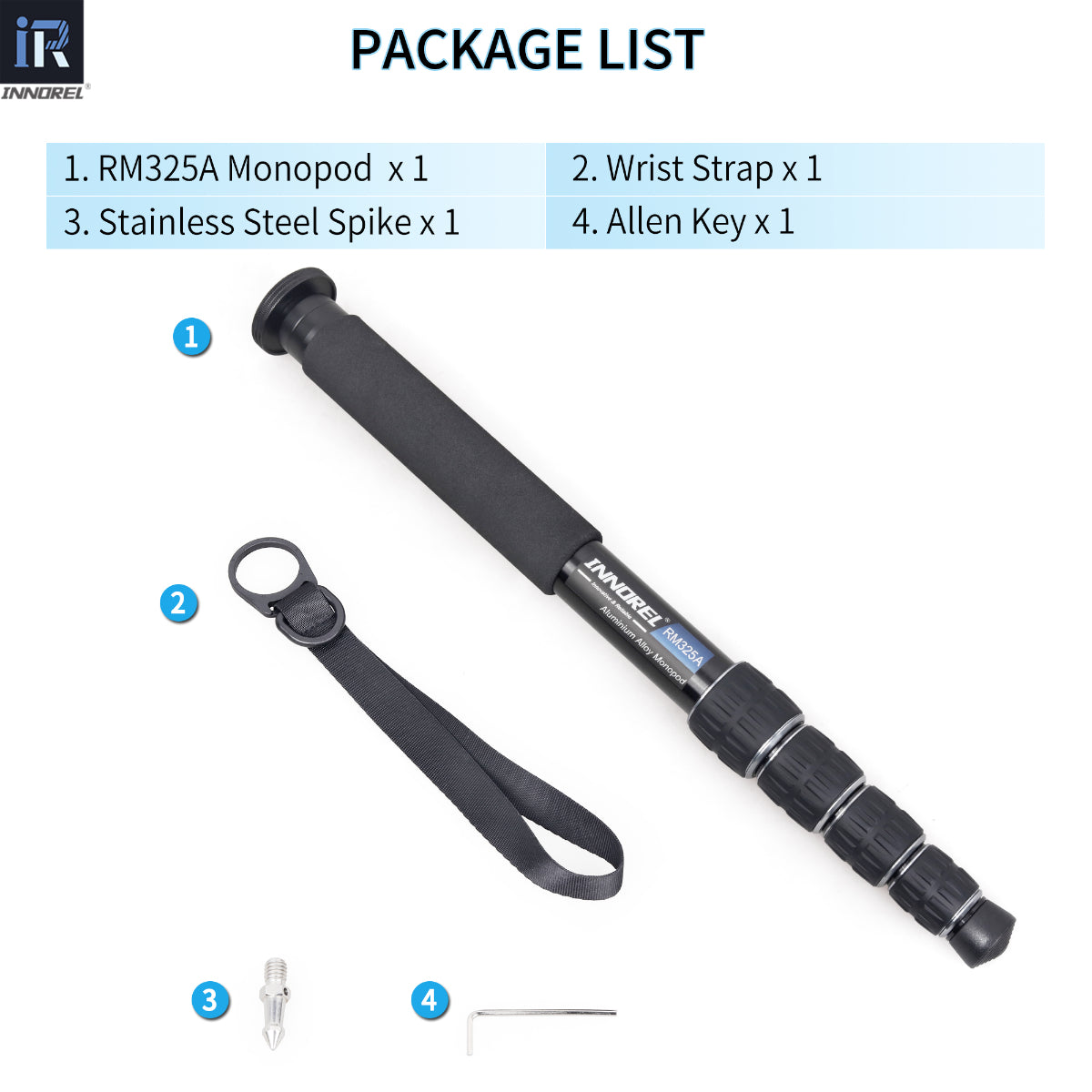 INNOREL RM285A package including monopod wrist strap stainless steel spike allen key