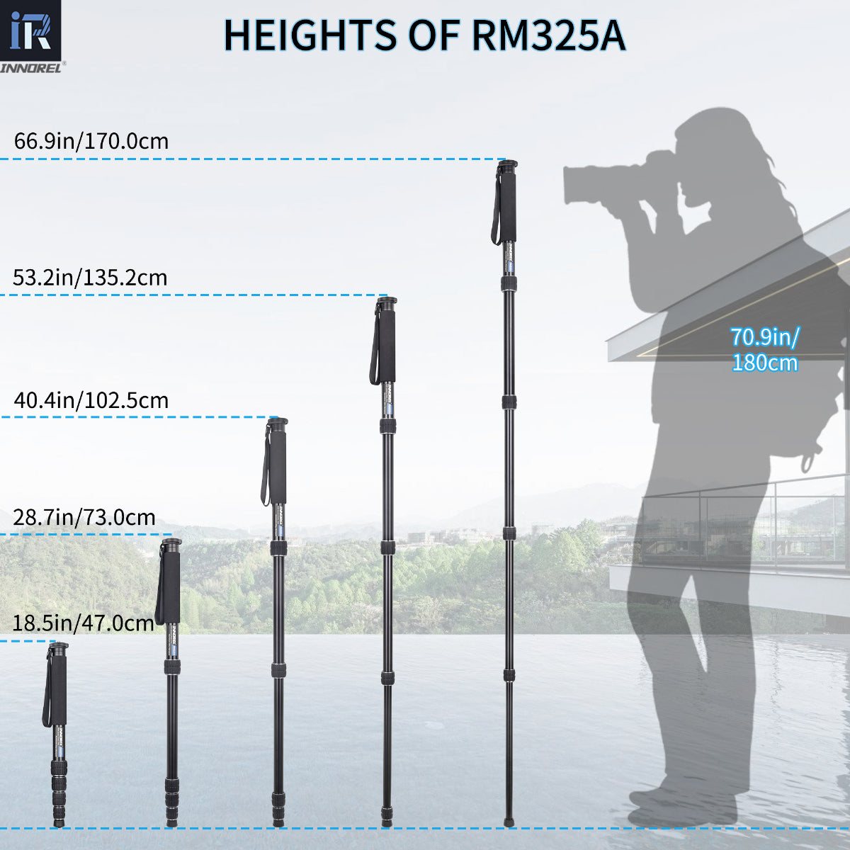 NNOREL RM325A monopod extends from 47cm to full 170cm working height with 5 kinds of height
