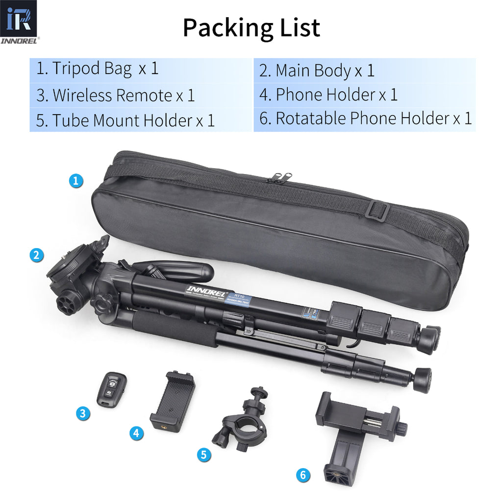 INNOREL RT10 tripod package contents tripod  tripod bag wireless remote phone holder tube mount holder rotatable phone holder