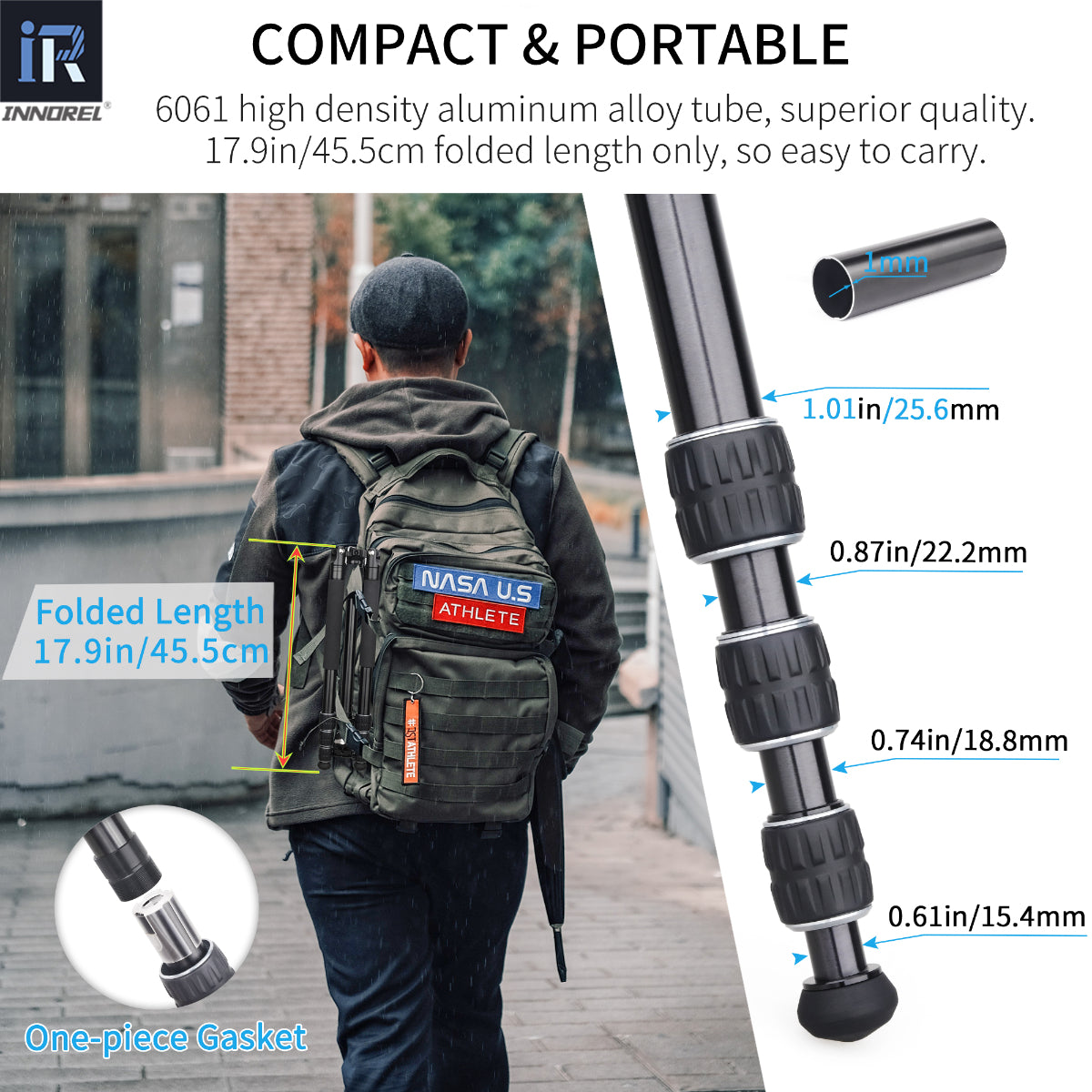 RT45A 6061 high density aluminum alloy tube, superior quality. 17.9in/45.5cm folded length only, so easy to carry