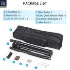 INNOREL RT45A+H10 tripod package contents tripod H10 tripod head quick release plate tripod bag allen key phone clip stainless steel spike