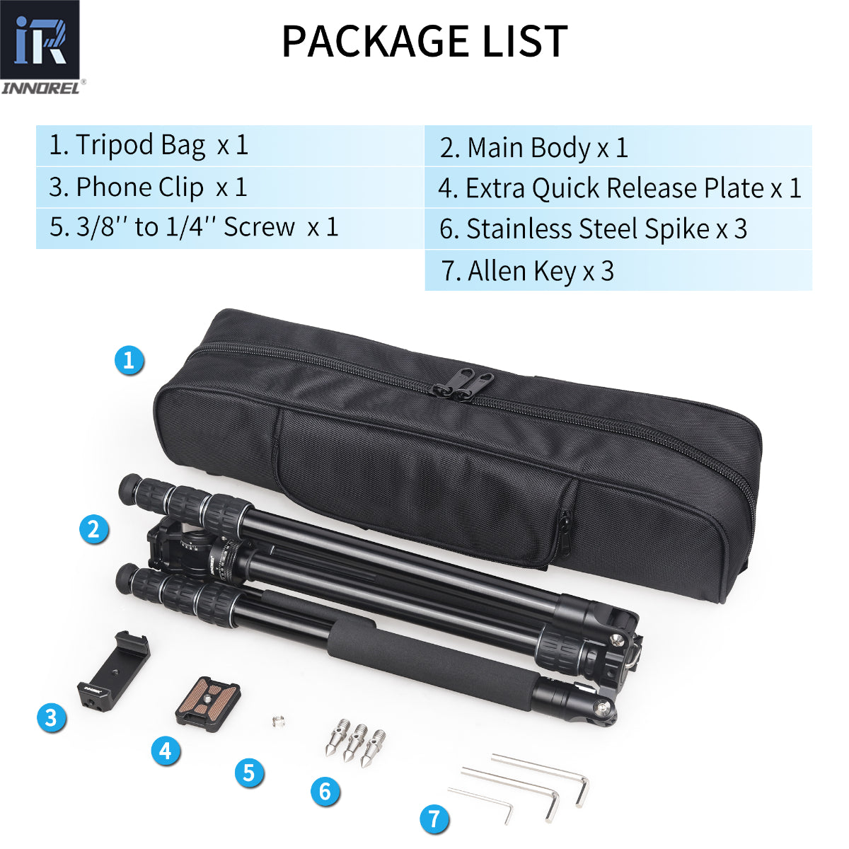 INNOREL RT45A+H10 tripod package contents tripod H10 tripod head quick release plate tripod bag allen key phone clip stainless steel spike