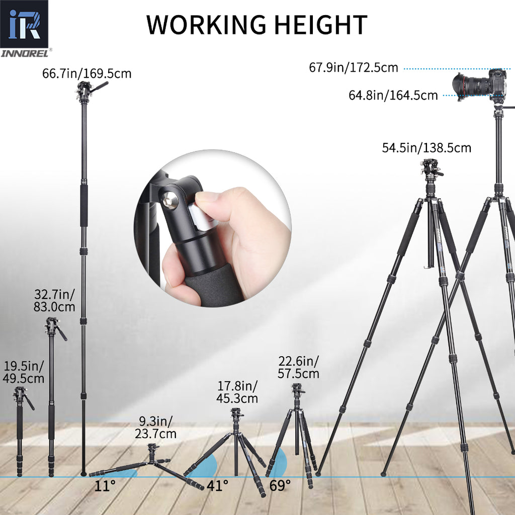 RT45A with H10 tripod head lightweight tripod extends from compact 23.7cm to full 164.5cm working height with center column