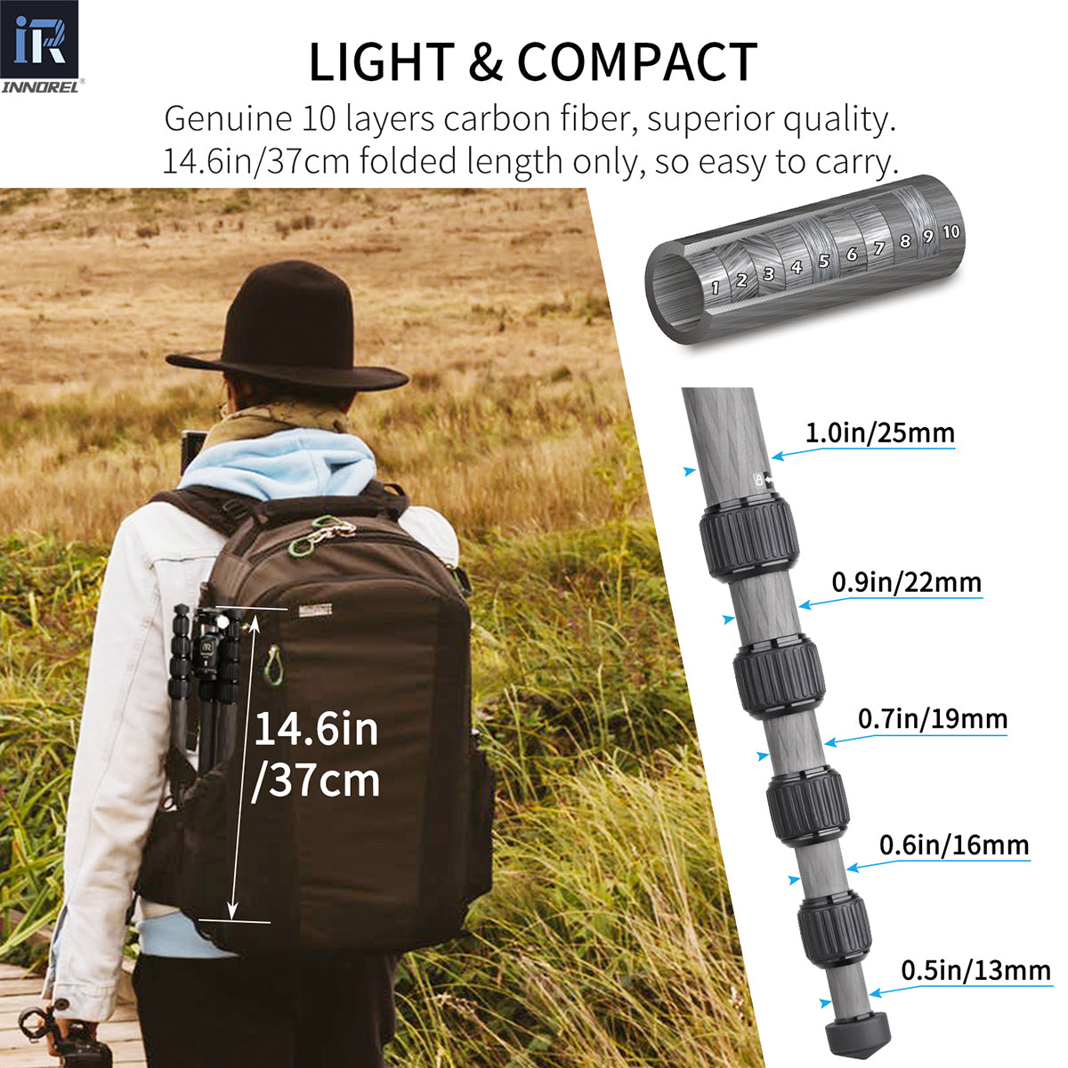 INNOREL RT55C camera tripod with 10-layer carbon fiber tubes, 25mm max tube.