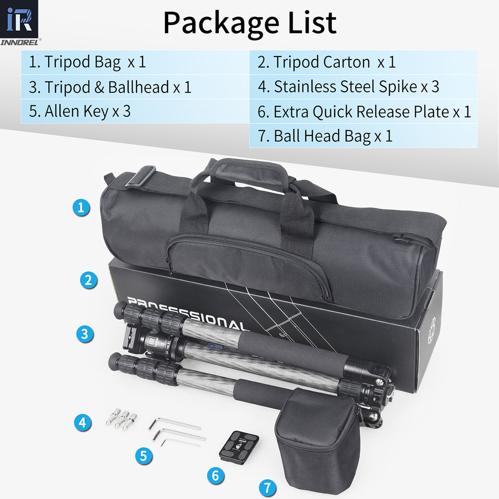 INNOREL RT75C tripod package contents tripod N44 ballhead quick release plate tripod bag allen key ballhead bag