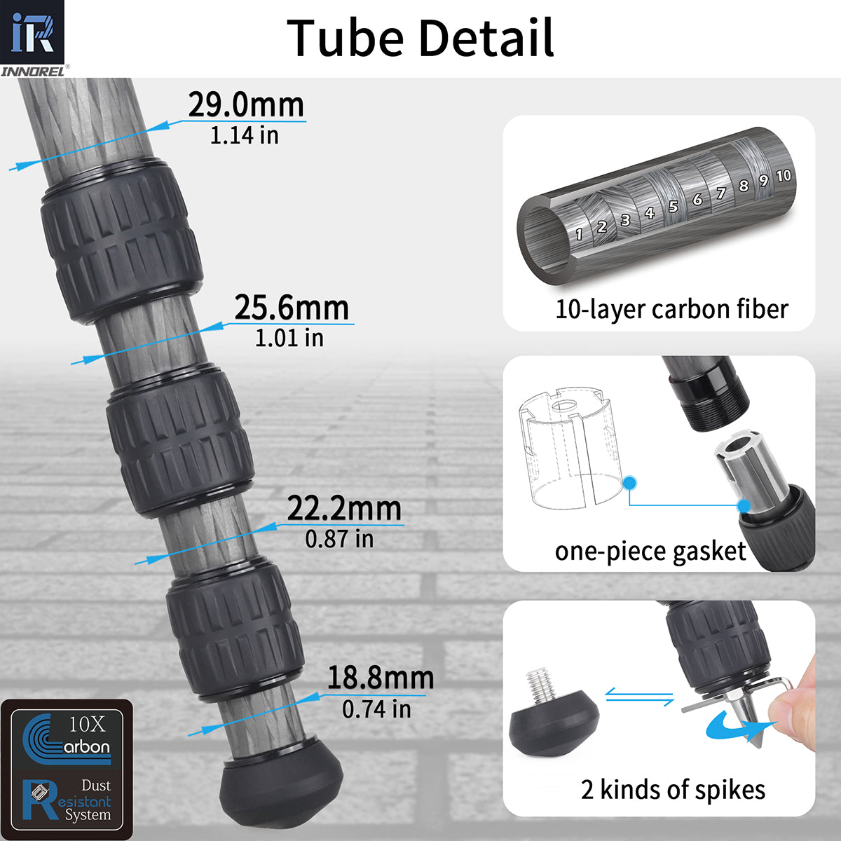 INNOREL RT75C camera tripod with 10-layer carbon fiber tubes