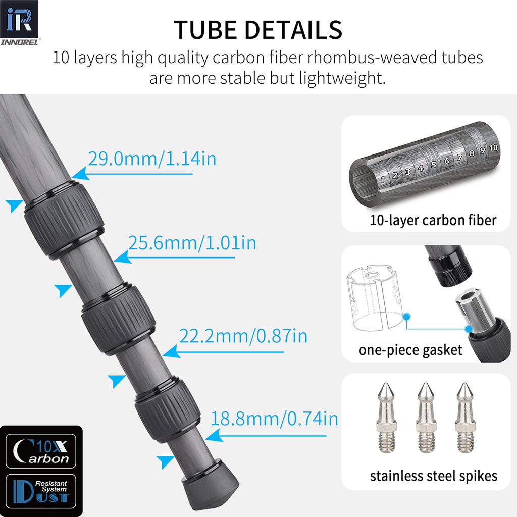 INNOREL RT75CG camera tripod with 10-layer carbon fiber tubes