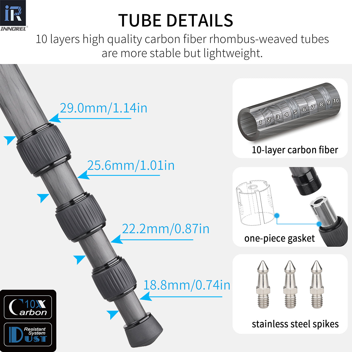 INNOREL RT75CG camera tripod with 10-layer carbon fiber tubes