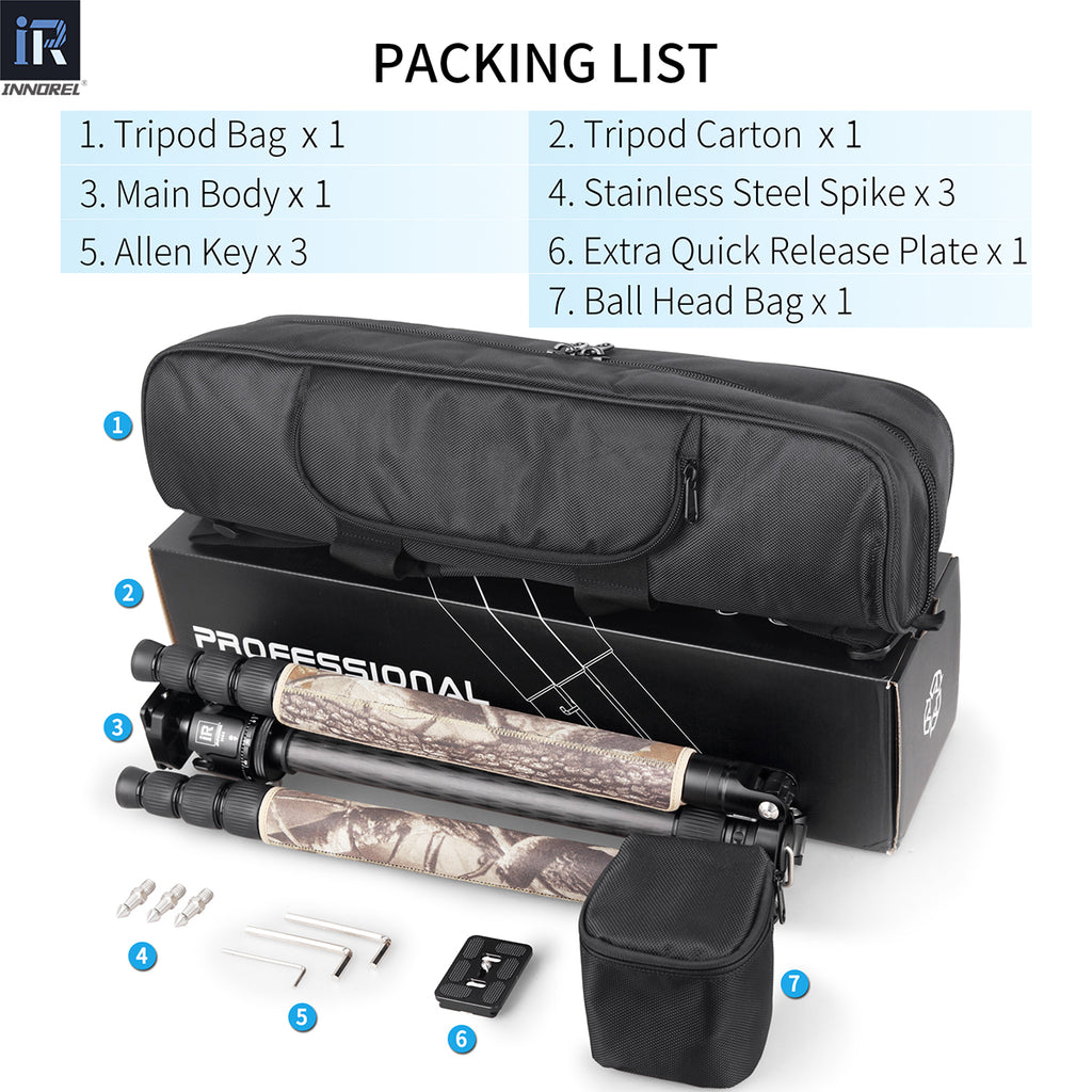 INNOREL RT75CM tripod package contents tripod N44 ballhead quick release plate tripod bag allen key ballhead bag