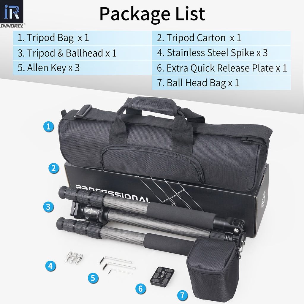 INNOREL RT85C tripod package contents tripod N44 ballhead quick release plate tripod bag allen key.