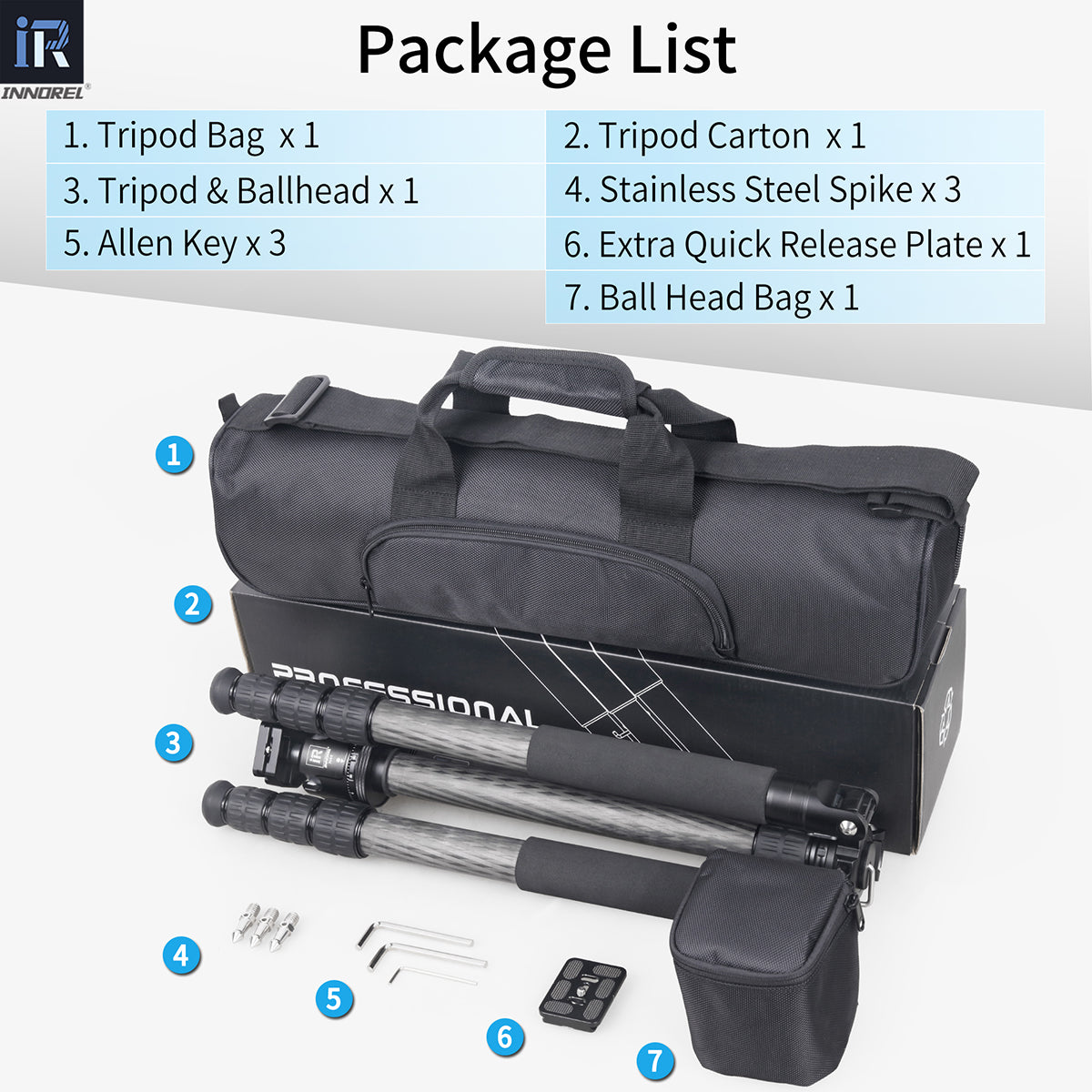 INNOREL RT85C tripod package contents tripod N44 ballhead quick release plate tripod bag allen key.