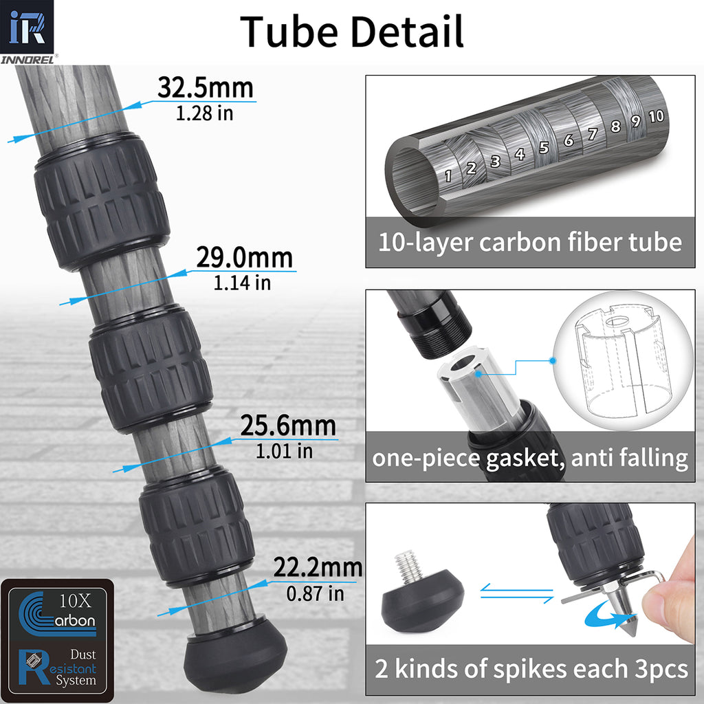 INNOREL RT85C camera tripod with 10-layer carbon fiber tubes, 32.5mm max tube.
