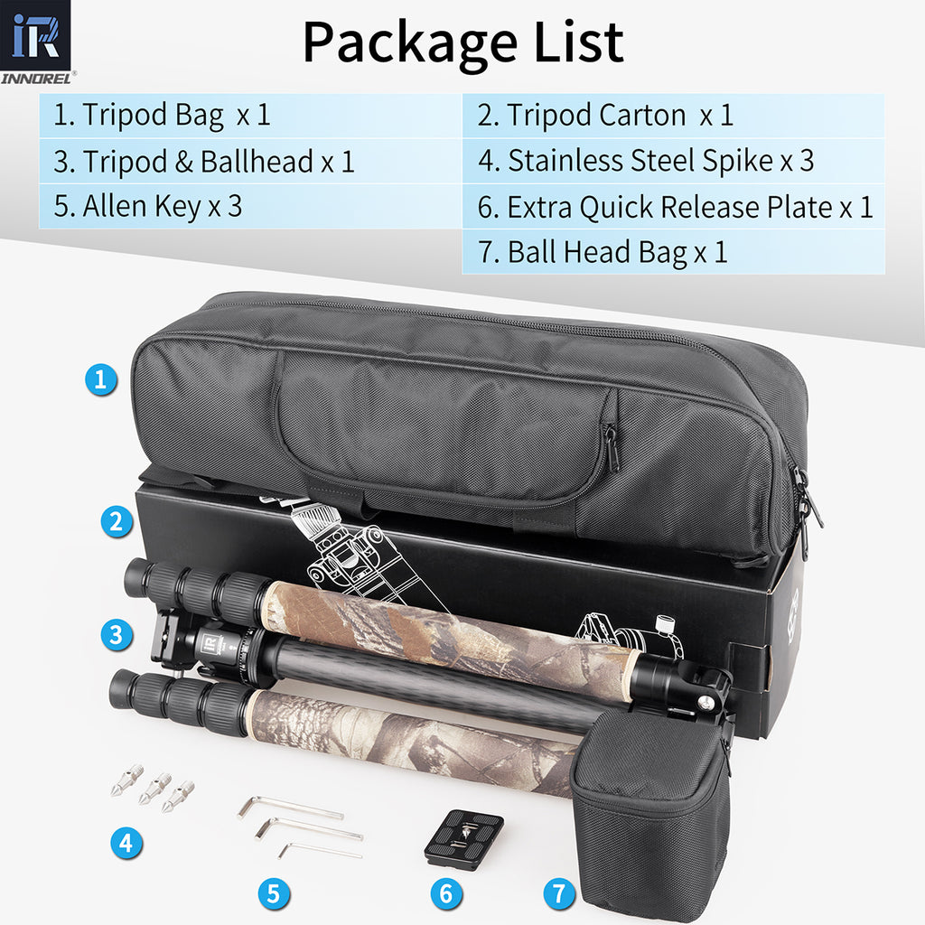 INNOREL RT85CM tripod package contents tripod N44 ballhead quick release plate tripod bag allen key.