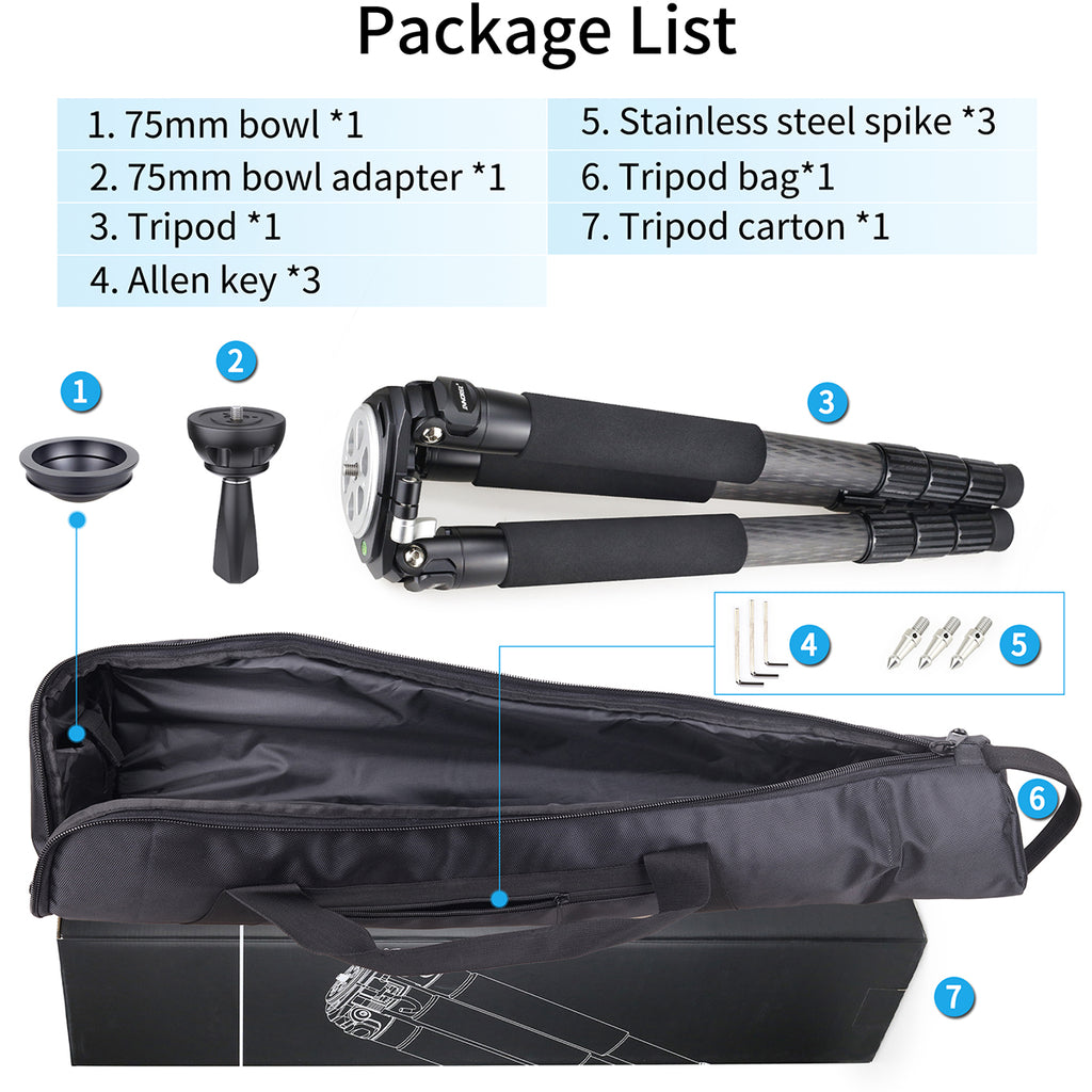 package contents tripod, bowl, bowl adapter, tripod bag, stainless steel spikes, allen keys.etc