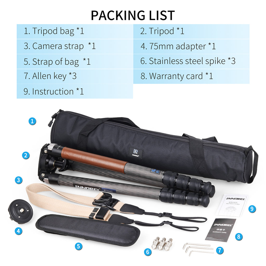INNOREL ST344C tripod package contents tripod tripod bag camera strap 75mm adapter allen key stainless steel spike