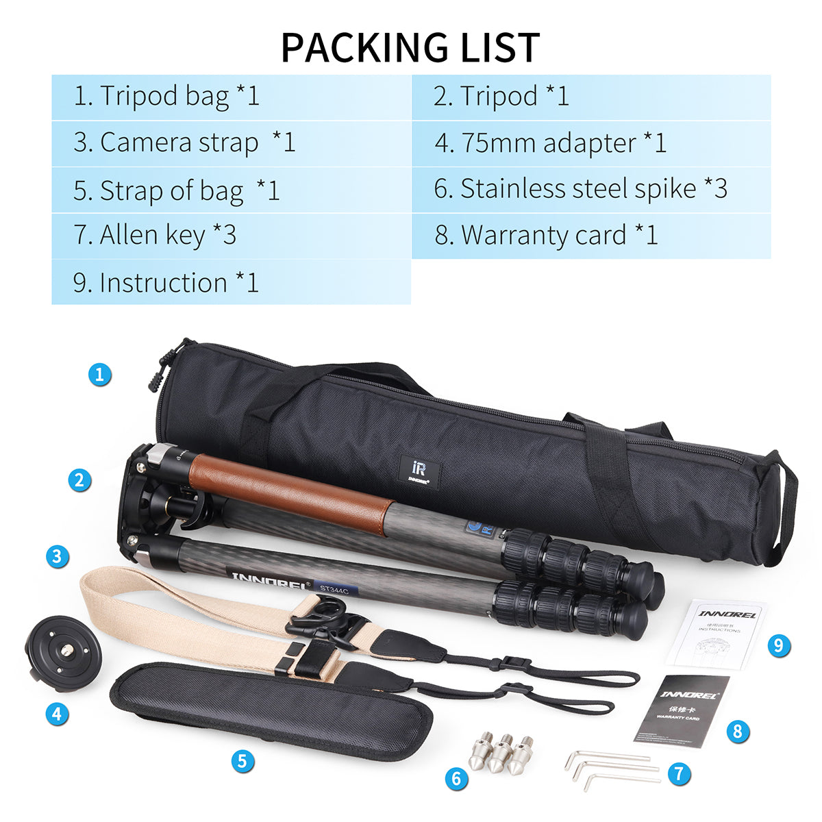 INNOREL ST344C tripod package contents tripod tripod bag camera strap 75mm adapter allen key stainless steel spike