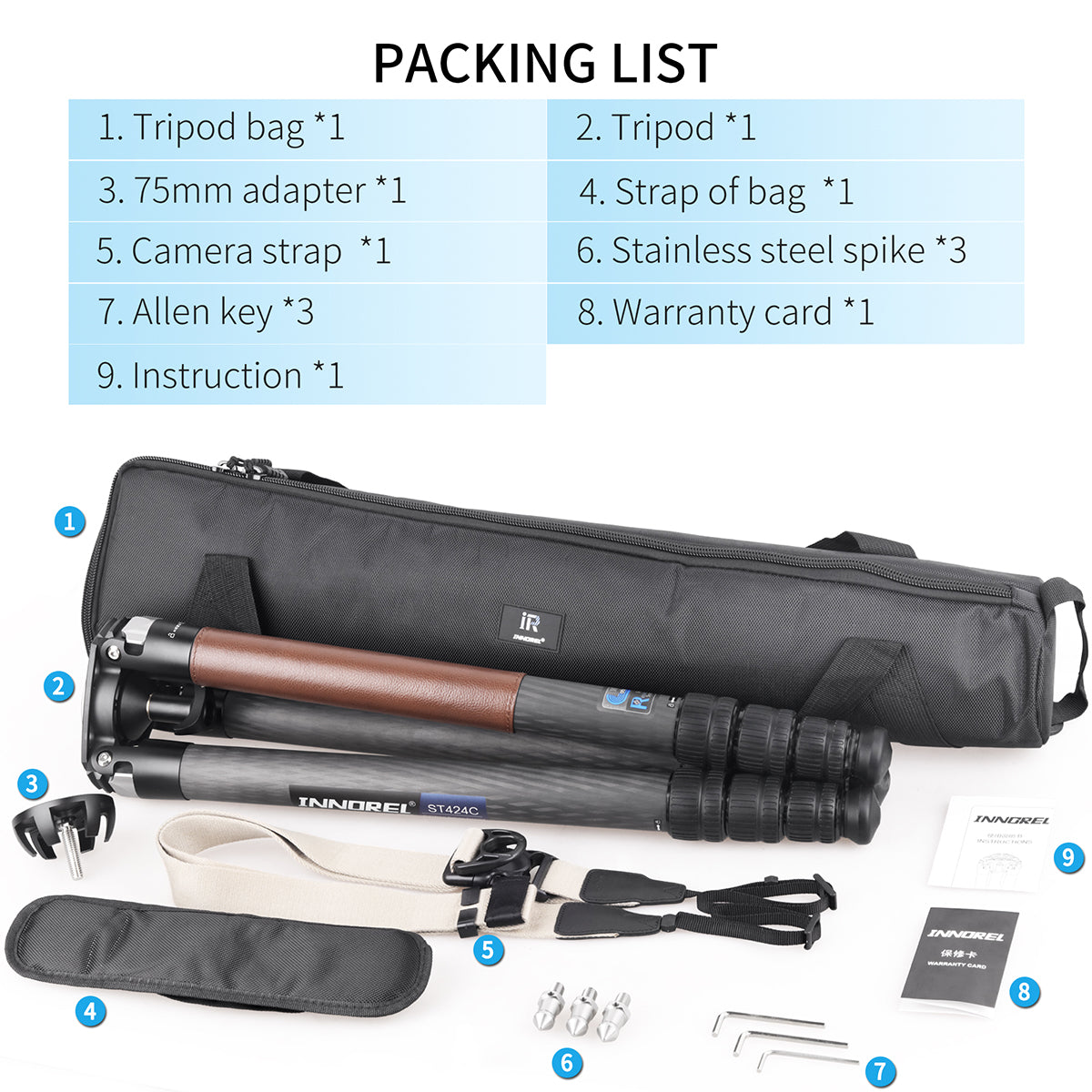 INNOREL ST424C tripod package contents tripod tripod bag camera strap 75mm adapter allen key stainless steel spike
