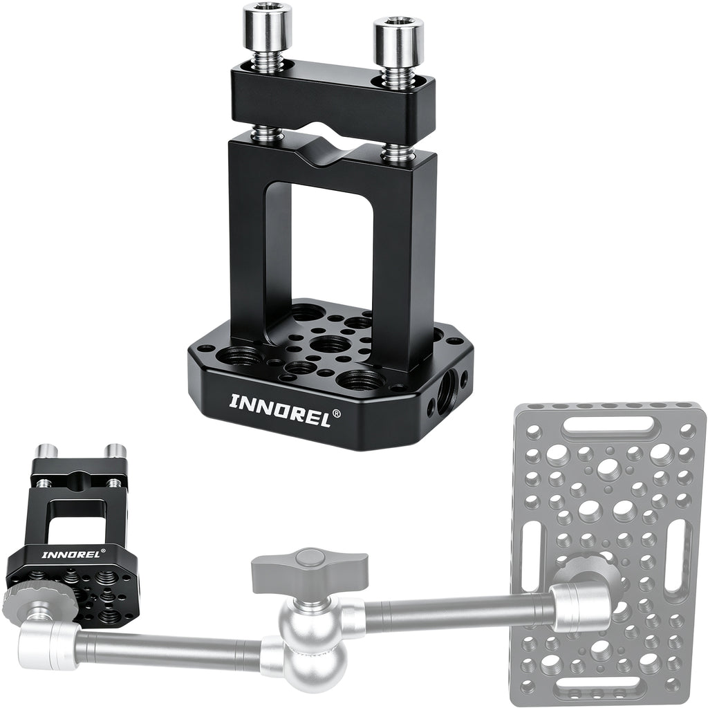 INNOREL TB0504 car headrest camera mount, CNC aluminum with 1/4"-20 & 3/8"-16 holes. Dual locking knobs for stable ride recording and travel blogging