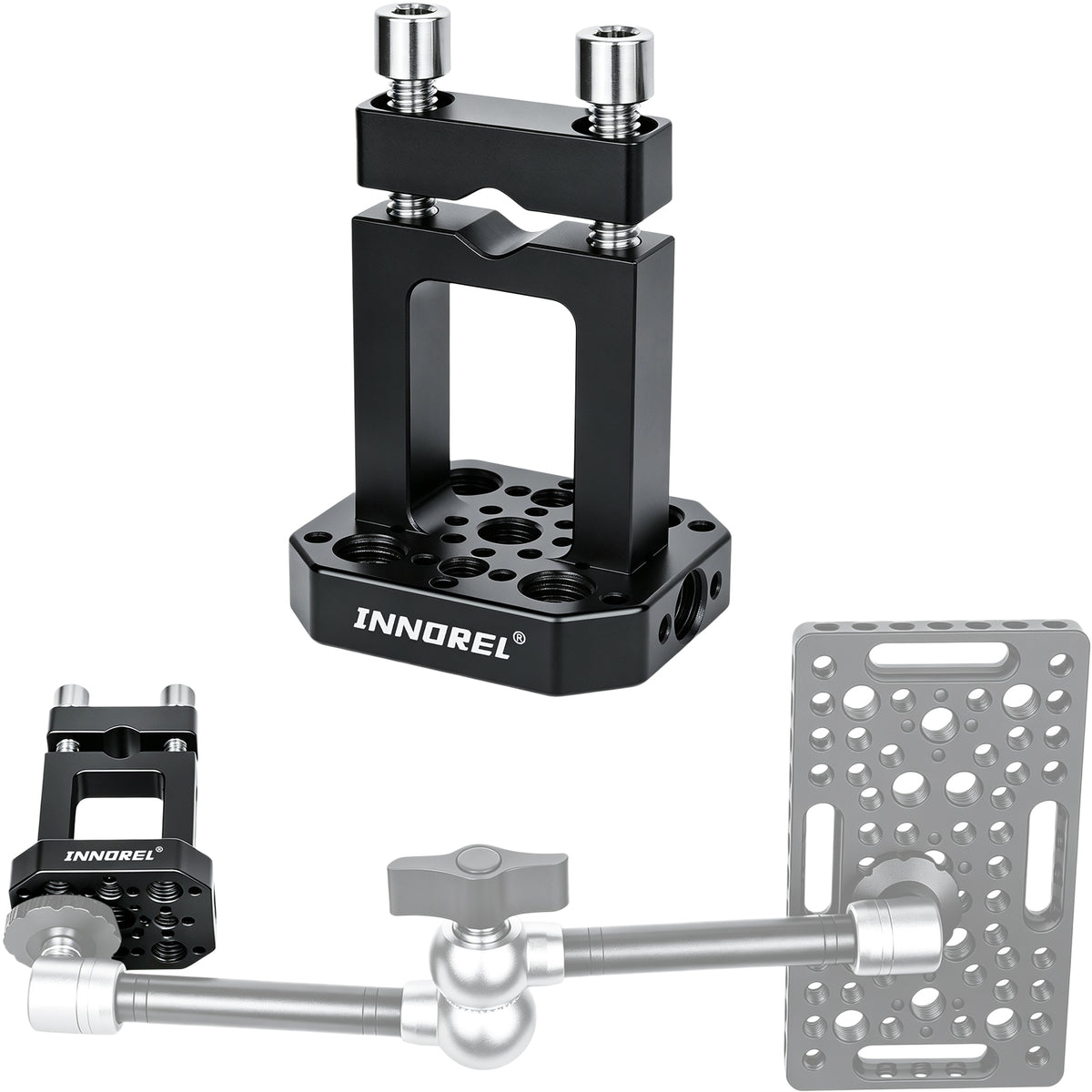 INNOREL TB0504 car headrest camera mount, CNC aluminum with 1/4"-20 & 3/8"-16 holes. Dual locking knobs for stable ride recording and travel blogging