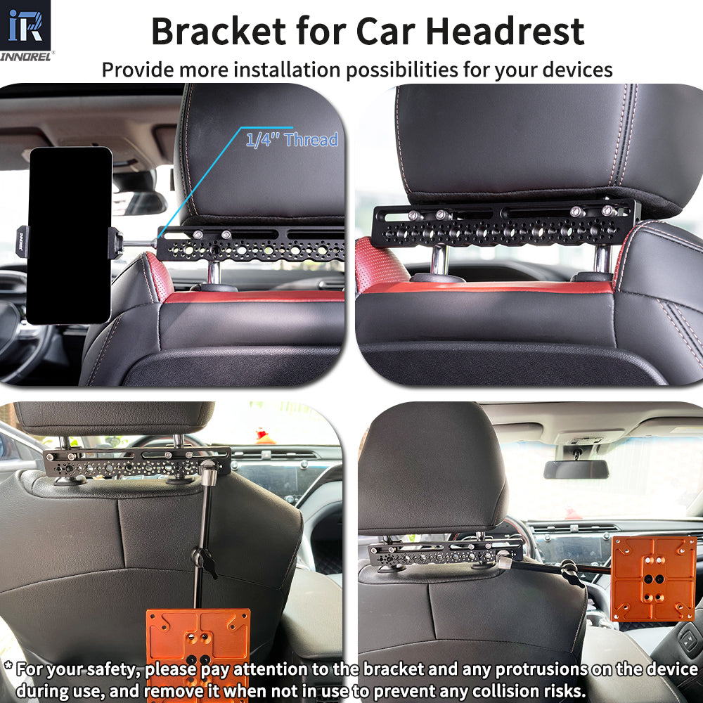  Clamp it onto the front seat headrest supports and mount the cameras monitors smartphones large magic arms tablet clip audio video recorders LED lights and more devices to the cheese plate with 3/8" or 1/4" screw