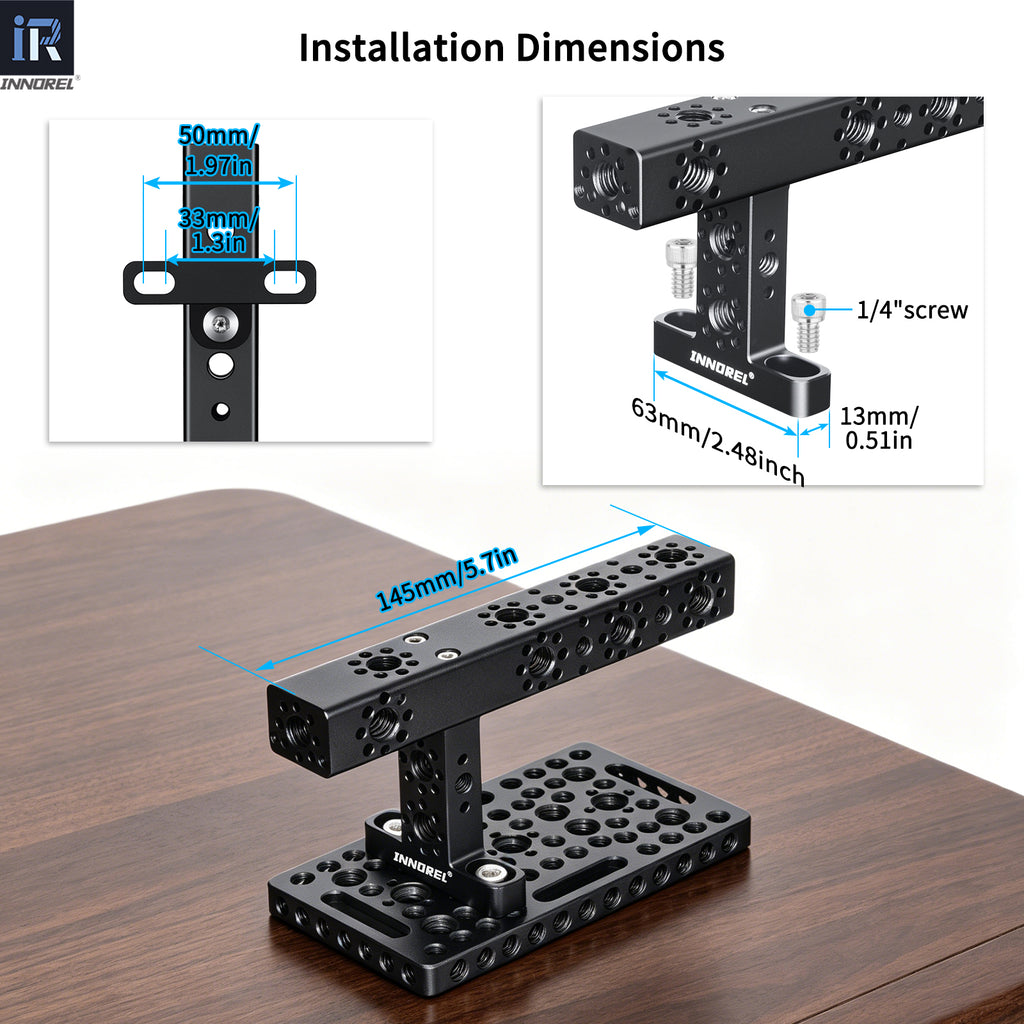 INNOREL TH145 Camera Handle Grip - black metal mounting bracket displayed on wooden surface with detailed dimension callouts and inset diagrams (145mm, 63mm, 50mm, 13mm) for easy installation reference.