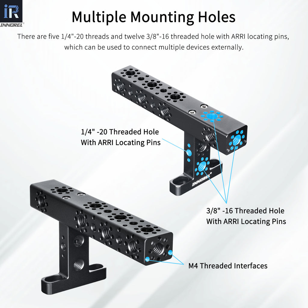 Equipped with five 1/4"-20 and twelve 3/8"-16 threaded holes featuring ARRI locating pins — connect multiple accessories simultaneously with ease.