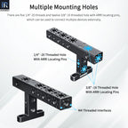 Equipped with five 1/4"-20 and twelve 3/8"-16 threaded holes featuring ARRI locating pins — connect multiple accessories simultaneously with ease.