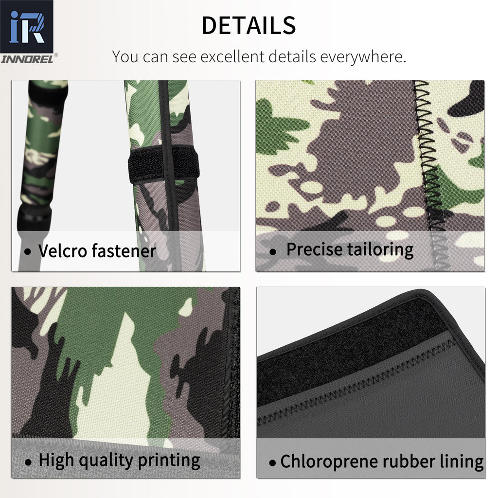 INNOREL leg covers, Velcro fastener, chloroprene rubber lining, precise tailoring, high quality printing, 40mm tripod tube protectors, detail craftsmanship.