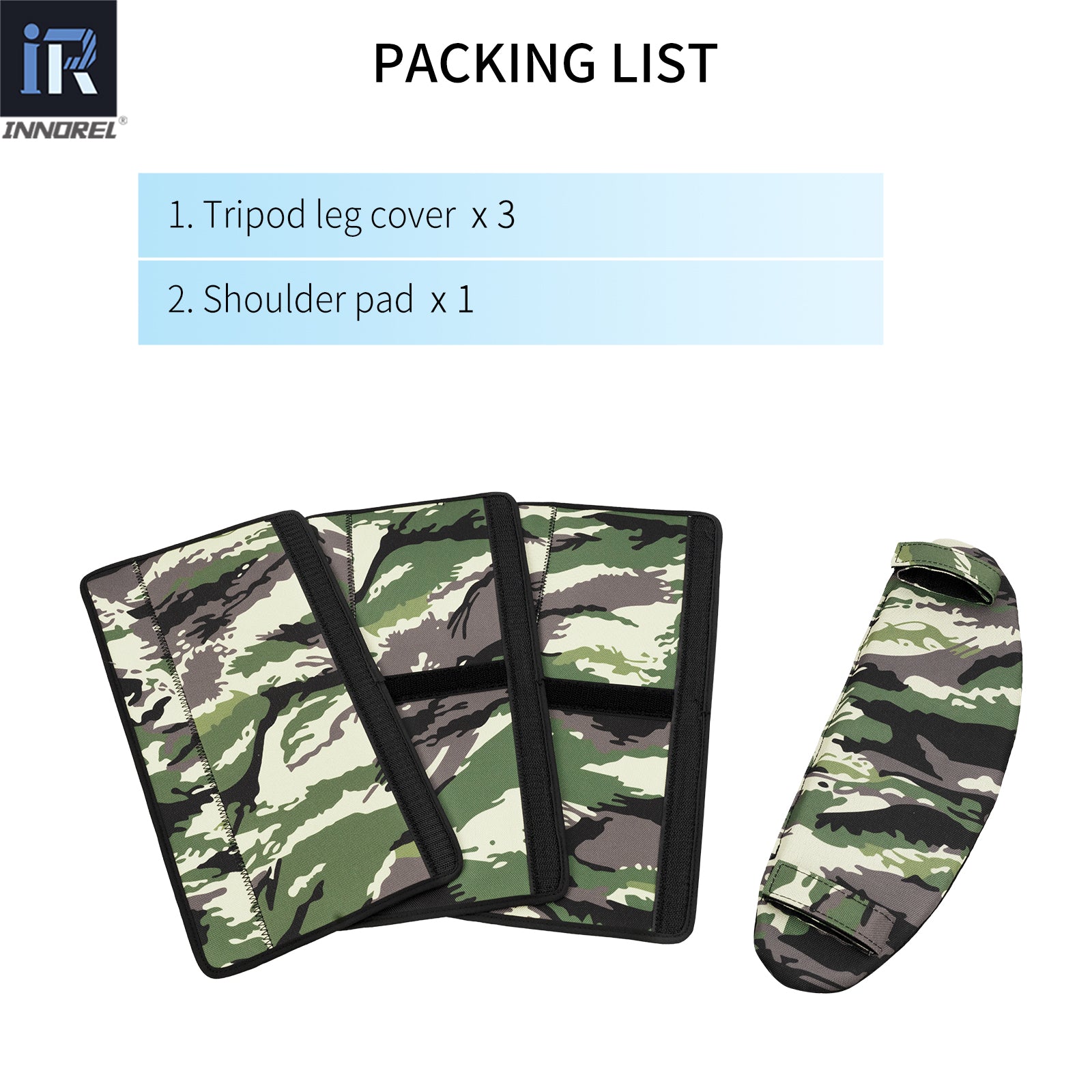 packing list, tripod leg cover x3, shoulder pad x1, INNOREL leg cover kit, complete accessory set, what's included in box.