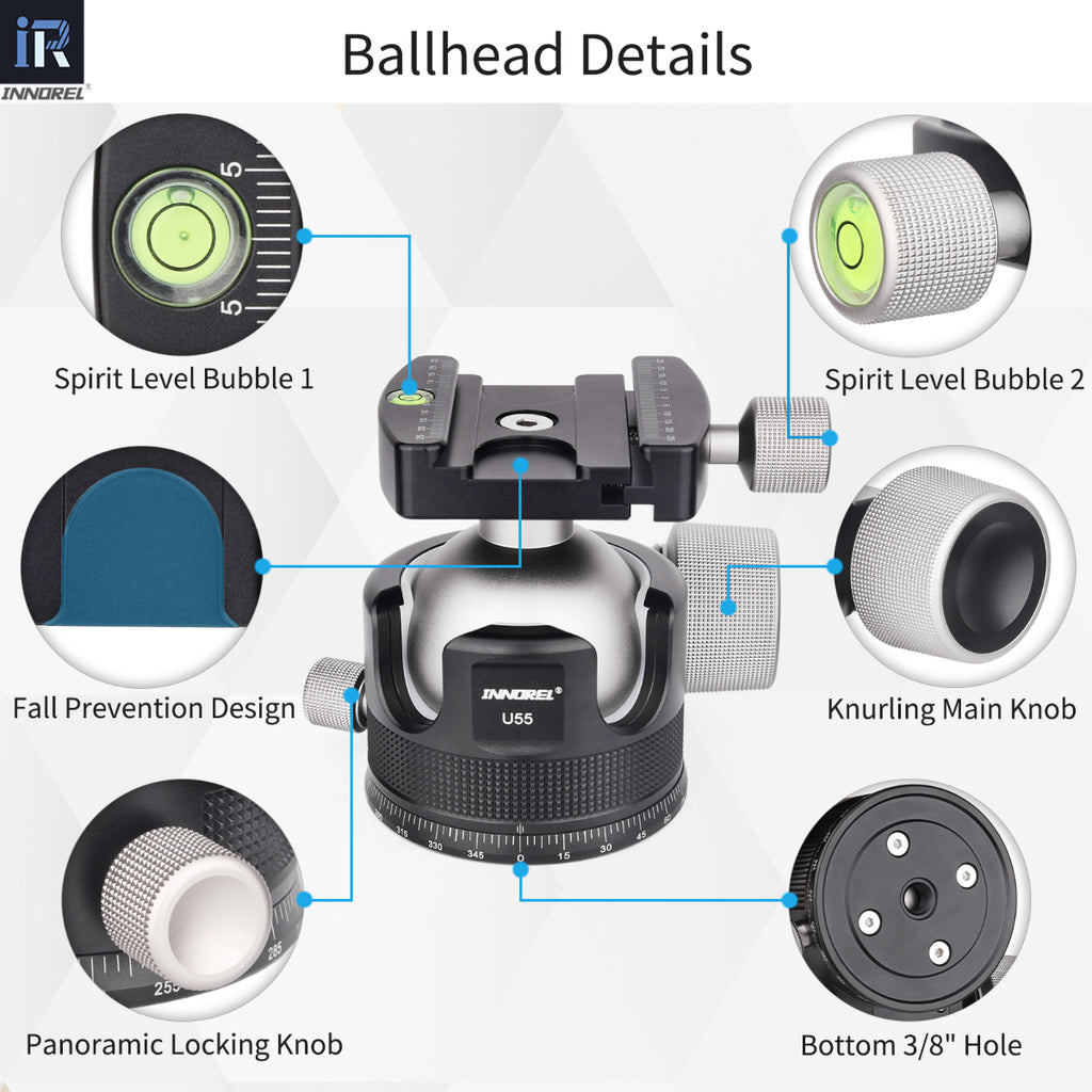 INNOREL U44 and U55 ballhead showing 2 spirit level bubble fall prevention desin knurling main knob
