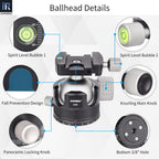INNOREL U44 and U55 ballhead showing 2 spirit level bubble fall prevention desin knurling main knob