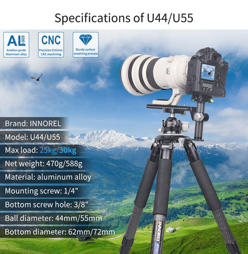 INNOREL U44 U55 aluminum alloy
 CNC technology sturdy ballhead specifications including max load 25kg/30kg 