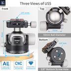 INNOREL U55 aluminum alloy ballhead front top bottom views and size 