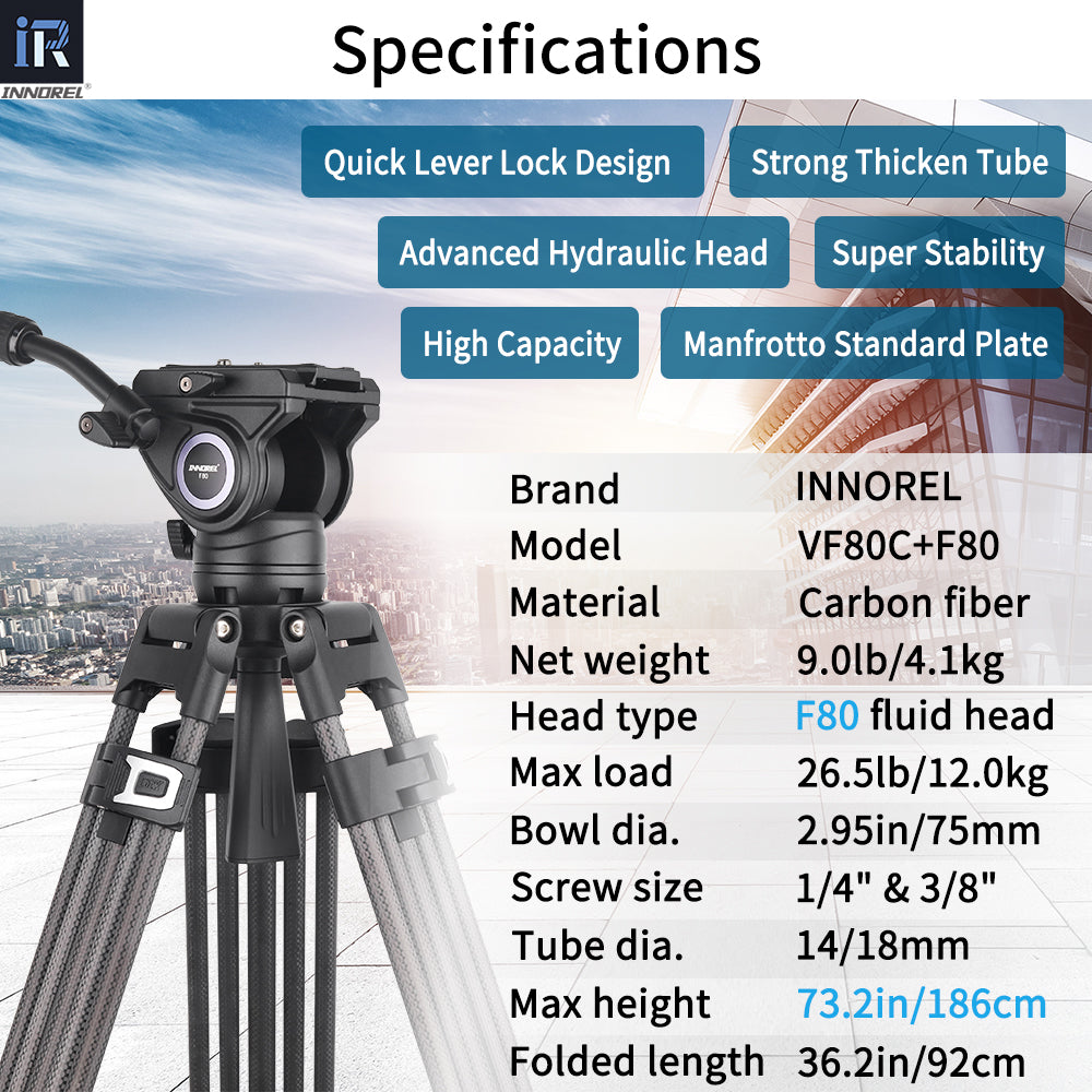 High quality carbon fiber Max Height 175cm/186cm Max Load 12kg Tube Diameter 14/18mm Net Weight 3kg/4.1kg Folded Length 81cm/92cm Head F80 Video fluid head Screw Size 1/4" 3/8"