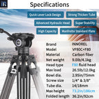 High quality carbon fiber Max Height 175cm/186cm Max Load 12kg Tube Diameter 14/18mm Net Weight 3kg/4.1kg Folded Length 81cm/92cm Head F80 Video fluid head Screw Size 1/4" 3/8"